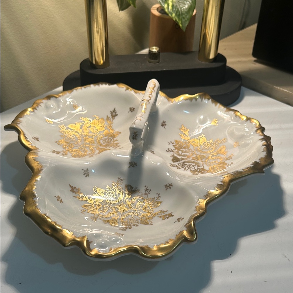 Vintage French Porcelaine de France Triple Divided Candy Dish Gold Gilt